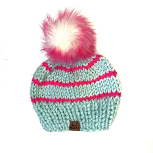 Youth Stripe Knit Pom Hat | Light Blue + Hot Pink | Wool Free
