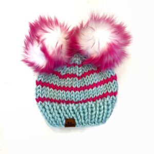 Toddler Stripe Knit Double Pom Pom Hat | Wool Free Blue + Hot Pink