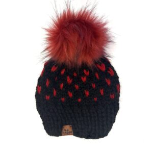 Youth Heart Knit Pom Hat | Black + Red