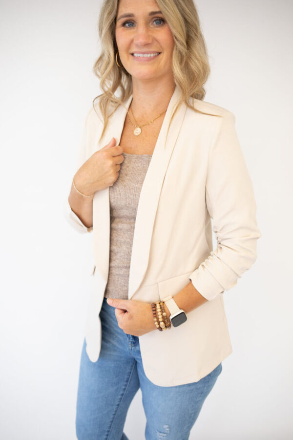 Skyler Ruched Sleeve Oatmeal Blazer