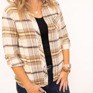 Olsen Taupe and Orange Plaid Top