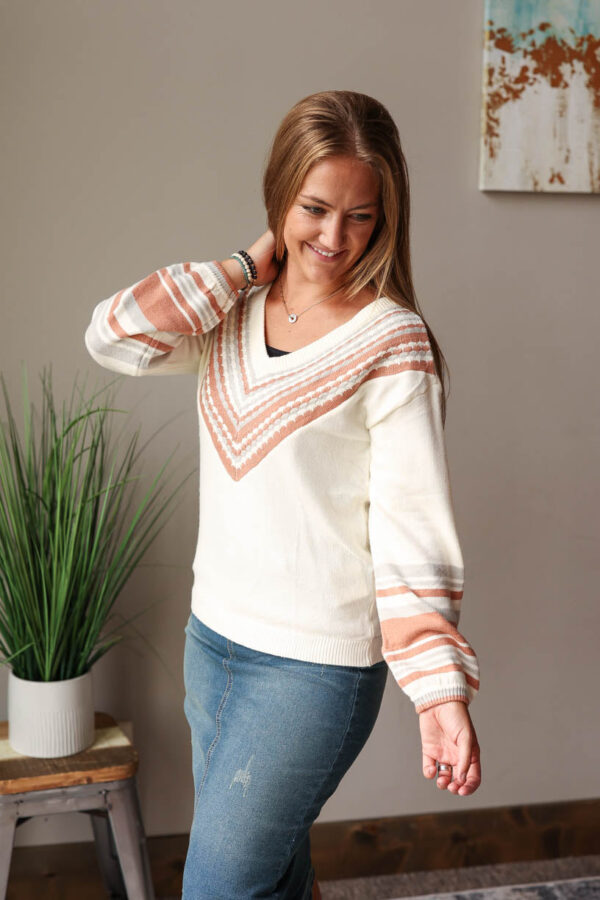 Beige V-Neck Contrast Sweater • S-2XL PLUS