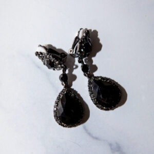 Jet Black Crystal Clip-On Earrings with Teardrop Dangles in Hematite Plating