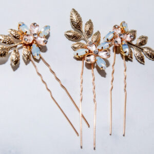 Set of 3 Bridal Hair Pins with Gold Leaves, Opal Crystals & Hand Painted Enamel