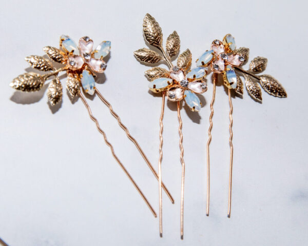 Set of 3 Bridal Hair Pins with Gold Leaves, Opal Crystals & Hand Painted Enamel