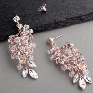 Handmade Light Rose Gold Blush Bridal Statement Earrings with Cascade of Crystal & Flowers