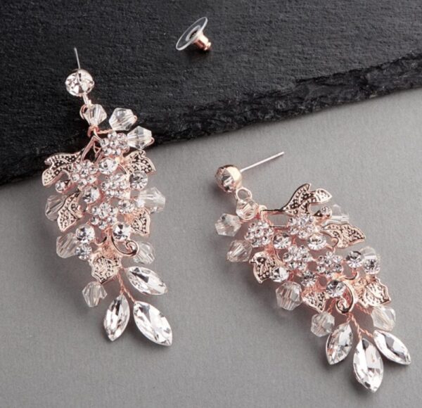 Handmade Light Rose Gold Blush Bridal Statement Earrings with Cascade of Crystal & Flowers