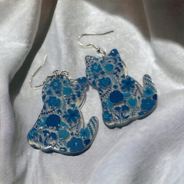 Blue Flower Cat Acrylic Earrings