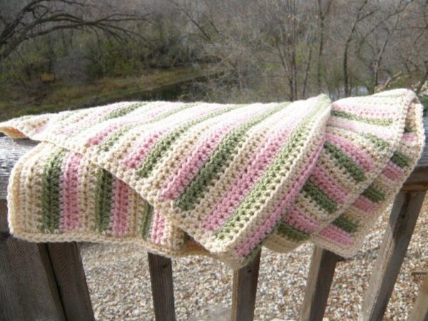 Stripped Pink White Green Crocheted Acrylic Baby ~ Doll Blanket Afghan