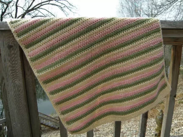 Stripped Pink White Green Crocheted Acrylic Baby ~ Doll Blanket Afghan