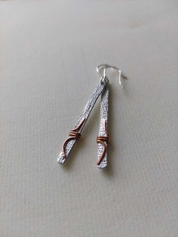 Textured silvery, copper wrapped bar earrings