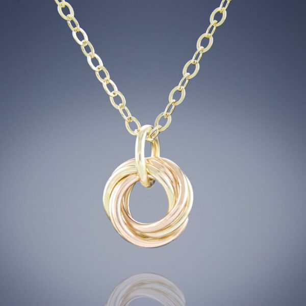 14K Yellow and Rose Gold Fill Dainty Round Love Knot Pendant Necklace in 18″ or 20″ Lengths