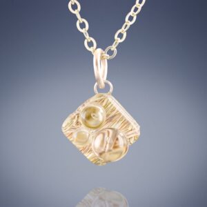 Small Sparkly Diamond Shaped Pendant with Handwoven Metal Fabric and Glass in 14K Yellow and Rose Gold Fill