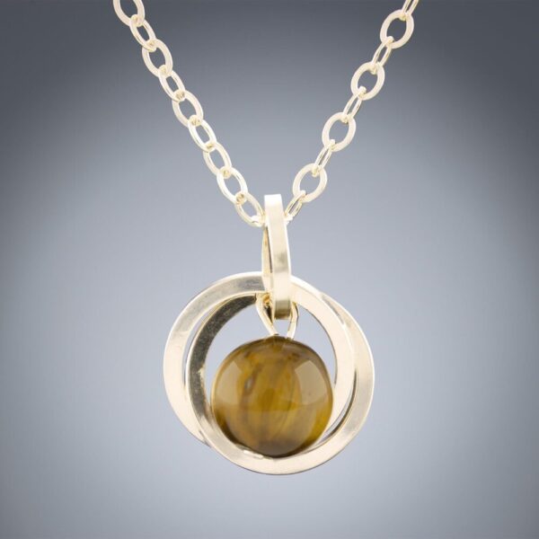 Genuine 8MM Tiger Eye Gemstone Pendant Necklace Handcrafted in 14K Yellow Gold Fill