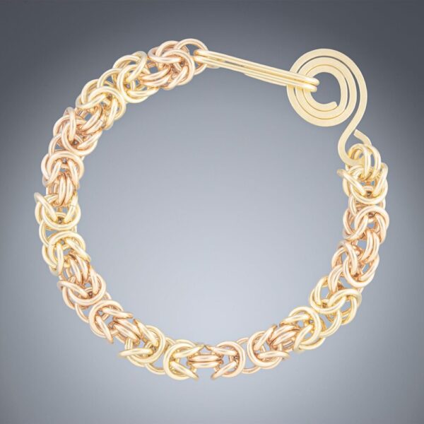 Handwoven Chunky Byzantine Bracelet in Alternating Stripes of Rose and Yellow 14K Gold Fill