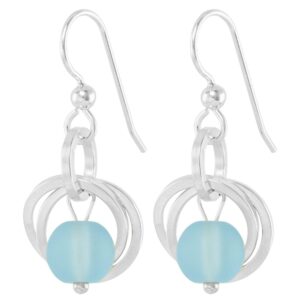 Light Baby Blue Recycled Glass Ball Dangle Earrings in Argentium Sterling Silver