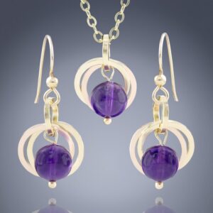 Dark Purple Genuine 8MM Amethyst Gemstone Earring and Necklace Set in 14K Yellow and Rose Gold Fill