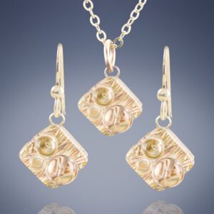 Small Sparkly Diamond Shaped Pendant and Earrings set with Handwoven Metal Fabric and Glass in 14K Yellow and Rose Gold Fill