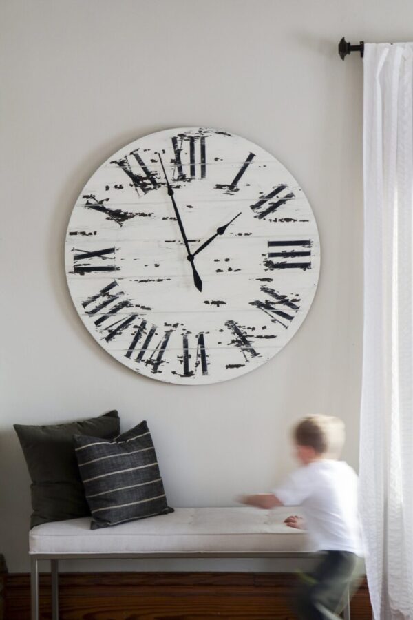 42″ Farmhouse Style Large White Distressed Wall Clock with Black Roman Numerals (in stock)