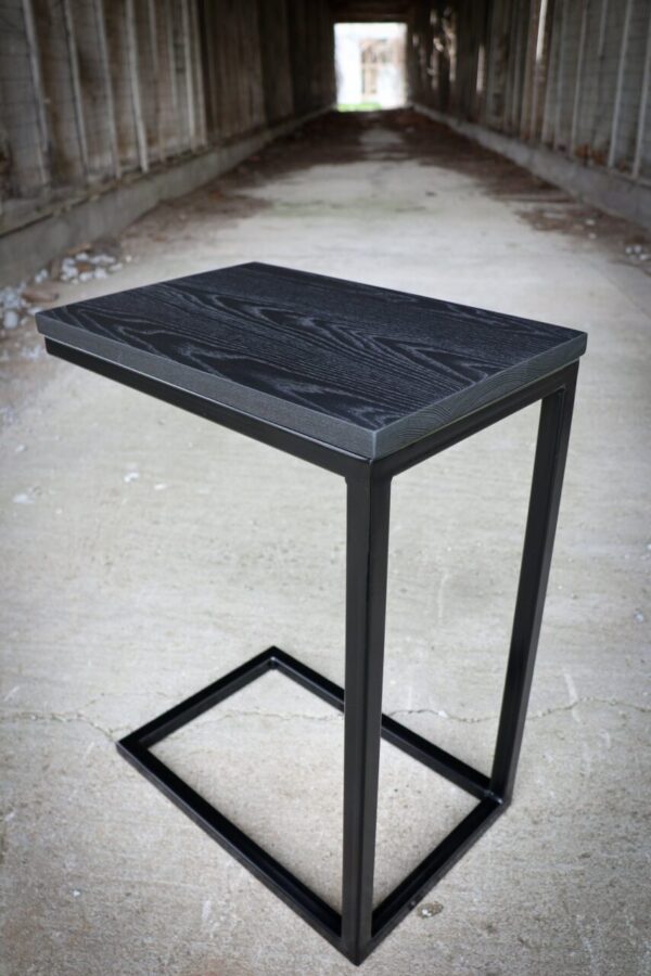 Charcoal Black Ash Industrial Side C Table with Satin Black Powder Metal Base (in stock)