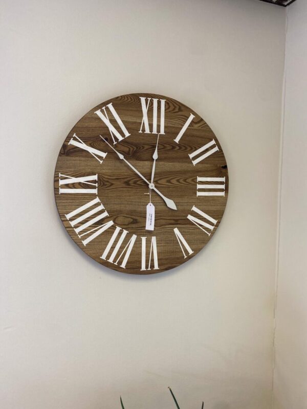 36″ Dark Stained Solid Ash Wood Wall Clock with White Roman Numerals (in stock)