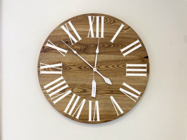 36″ Dark Stained Solid Ash Wood Wall Clock with White Roman Numerals (in stock)