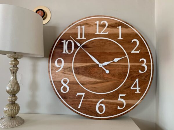 Large Sappy 30″ Solid Cherry Hardwood Wall Clock with White Numbers (in stock)