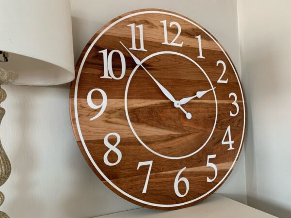 Large Sappy 30″ Solid Cherry Hardwood Wall Clock with White Numbers (in stock)