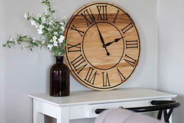 26″ Solid Ash Wood Wall Clock with Black Numbers and Lines (in stock)