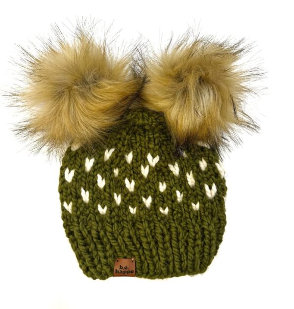 Toddler Heart Double Pom Hat| Green + Off White