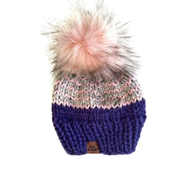 Toddler Zig Zag Knit Pom Pom Hat | Purple + Pink + Grey
