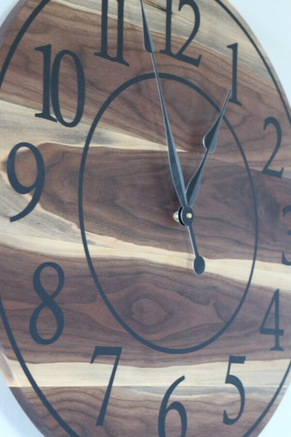 Live Edge 26″ Black Walnut Wall Clock with Black Numbers (in stock)