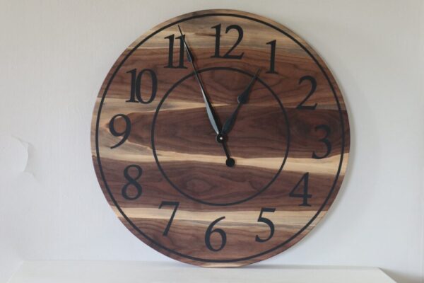 Live Edge 26″ Black Walnut Wall Clock with Black Numbers (in stock)