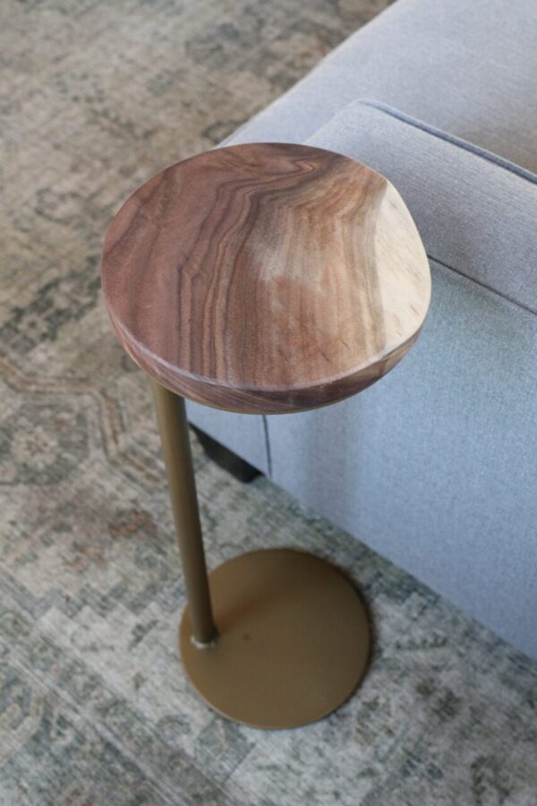 9″ Gold Round Industrial Side Table, Live-Edge Walnut end table (in stock)