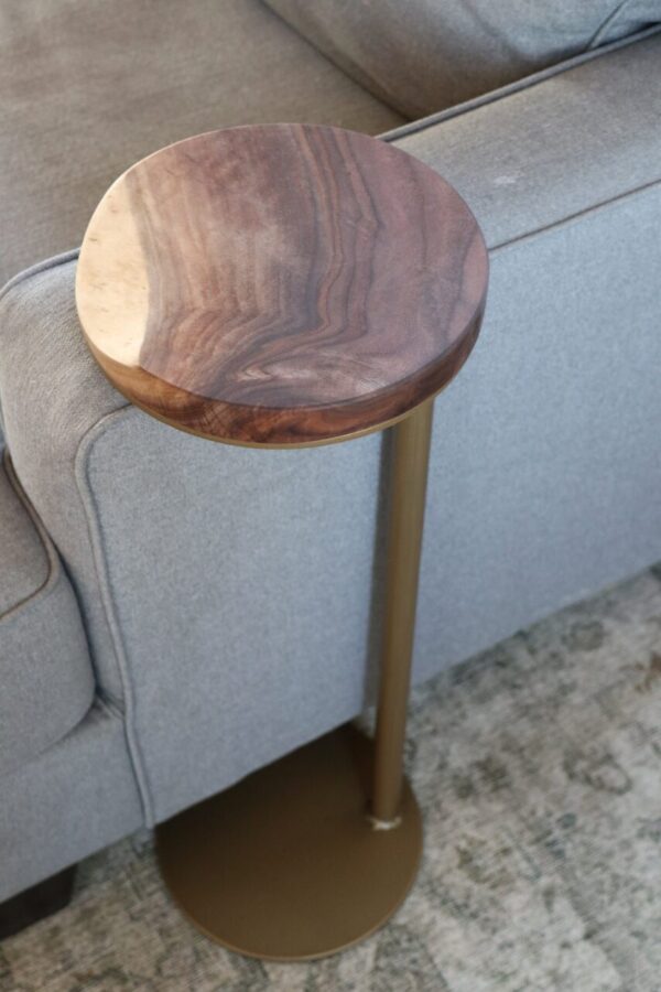 9″ Gold Round Industrial Side Table, Live-Edge Walnut end table (in stock)