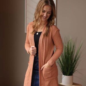 Brown Camel Waffle Open Front Cardigan