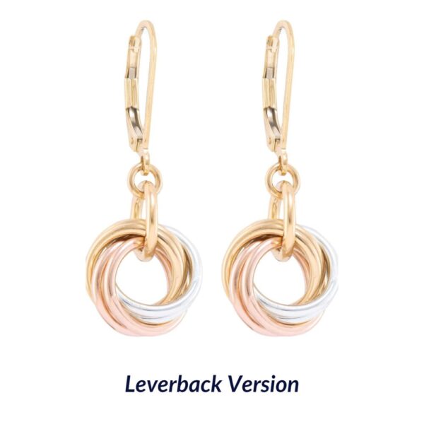 Tri Color Round Love Knot Dangle Earrings (Sterling Silver, 14K Yellow and Rose Gold Fill)
