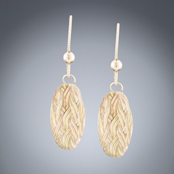 Sparkly Oval Cat Eye Shaped Earrings with Handwoven Metal Fabric and Glass in 14K Yellow and Rose Gold Fill