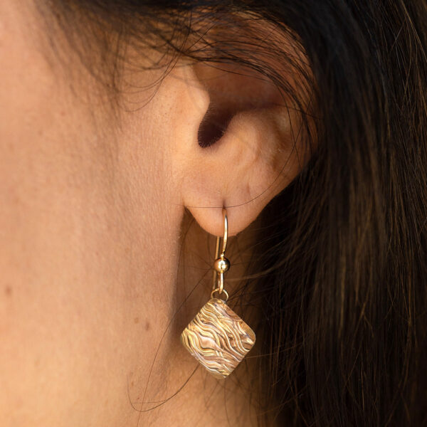 AS SEEN ON Netflix’s Jessica Jones: Gold Pyramid Shaped Earrings Featuring Handwoven Metal Fabric and Glass in 14K Yellow and Rose Gold Fill