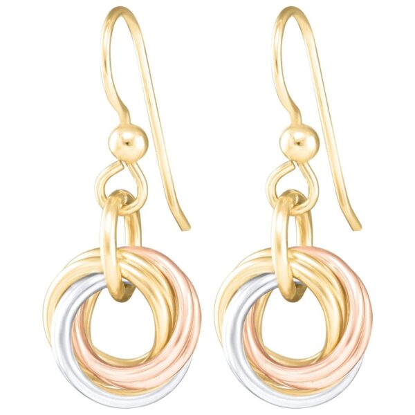 Tri Color Round Love Knot Dangle Earrings (Sterling Silver, 14K Yellow and Rose Gold Fill)