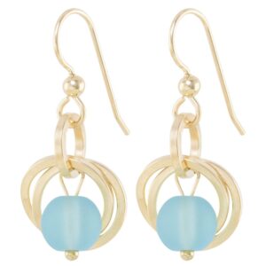 Light Baby Blue Recycled Glass Ball Dangle Earrings in 14K Yellow Gold Fill