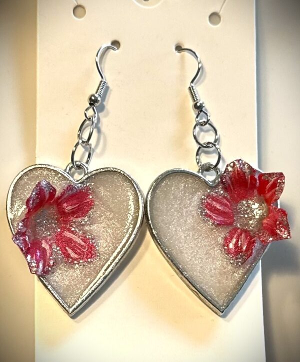 Pearl White Resin Earrings with Red Flower Inlay
