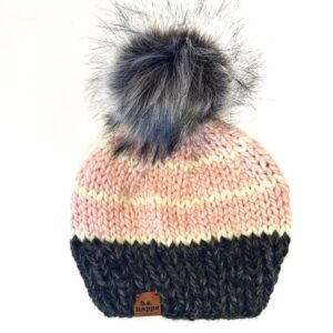 Adult Stripe Knit Pom Hat | Light Pink + Gray  + Off White