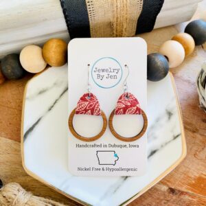Wood Hoop Earrings: Cranberry w/Cream Leaves