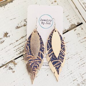 Jagged Feather Earrings: Rose Gold & Navy Tooled
