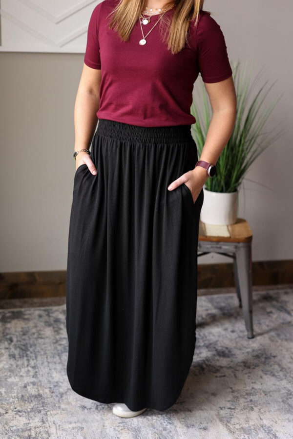 Black Smocked Waist Maxi Skirt