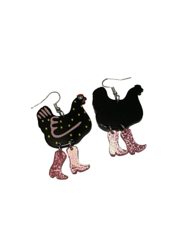 Black Chicken in Pink Boots Earrings