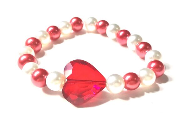 Handmade White & Red Heart Stretch Bracelet Women Gift Anniversary Mother’s Day
