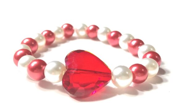 Handmade White & Red Heart Stretch Bracelet Women Gift Anniversary Mother’s Day