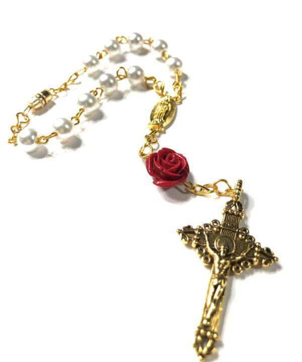 Handmade White Red Rose One Decade Catholic Car Rosary Rear View Mirror